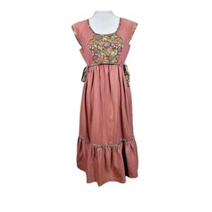 VTG 70s Cottagecore Mary Jane Prairie Midi Dress Floral Bib Ruffle Hem Sz 10 USA